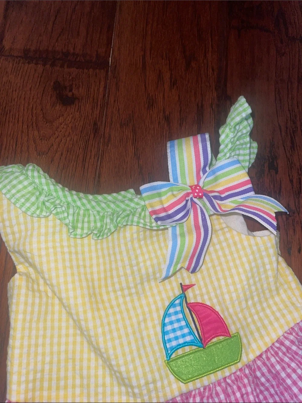 SEERSUCKER Rare Editions Yellow Pink Blue Gingham Appliqué Sundress